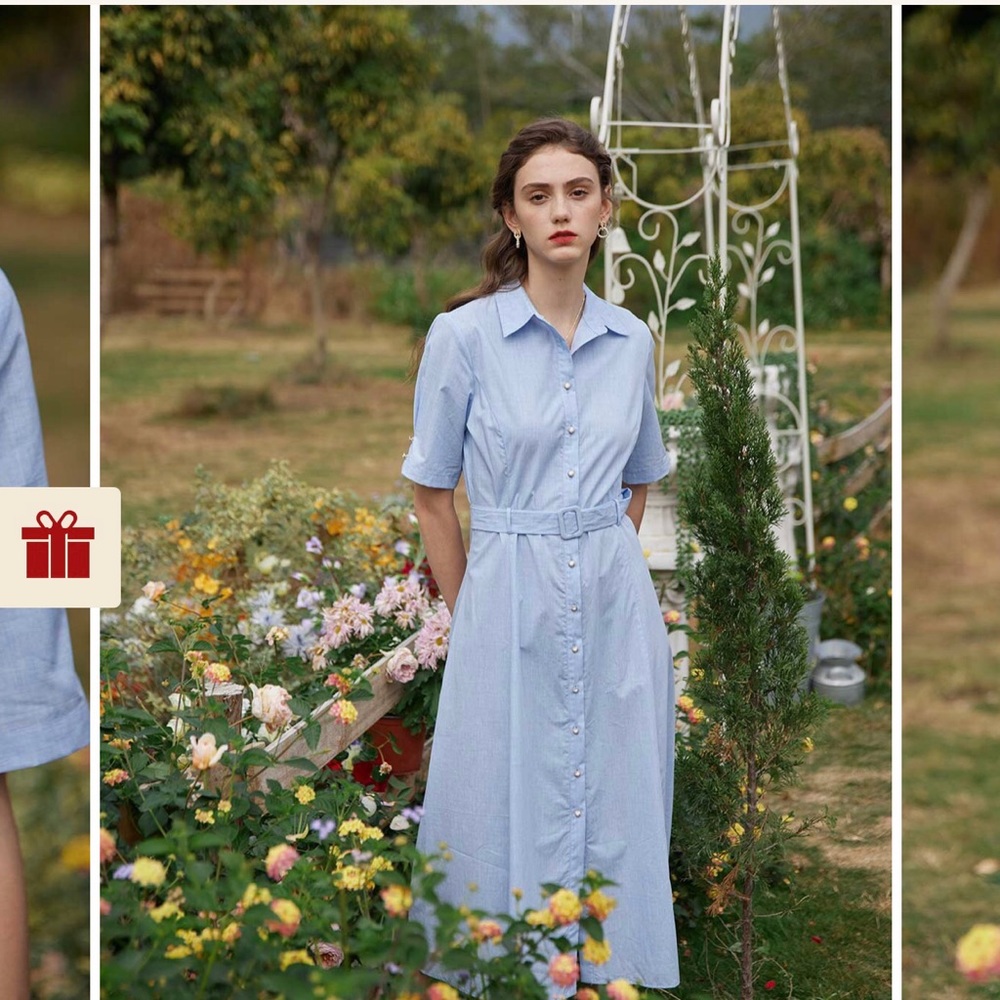 Blue Button-down Belted Simple Retro Dress NWT